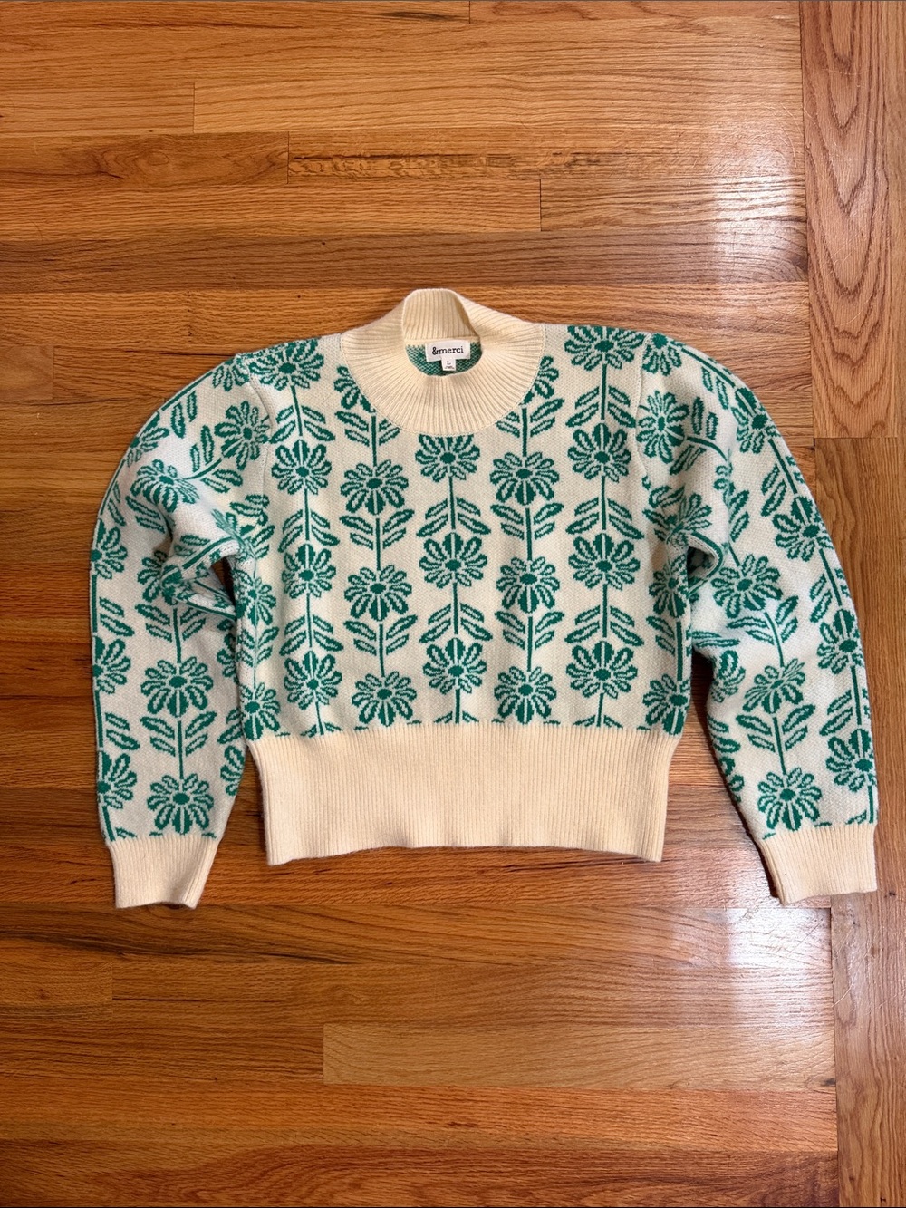&merci Cream & Teal Floral Knit Sweater size L